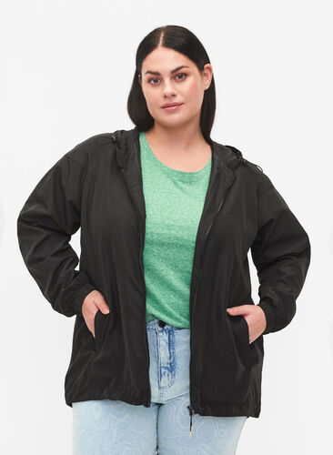 Kort jakke med hætte og justerbar bund, Black, Model image number 0