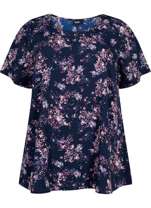 FLASH - Bluse med korte ærmer og print, Navy Rose Flower, Packshot image number 0