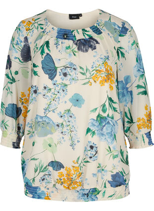 Blomstret bluse med 3/4 ærmer og smock, AOP Flower, Packshot image number 0