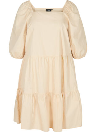 Bomulds kjole med a-form og ballonærmer, Pink Tint, Packshot image number 0