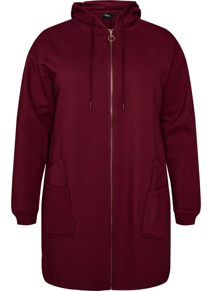 Lang hoodie-cardigan med lynl&aring;s, R&oslash;d, Packshot image number 0