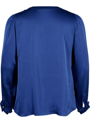 Skjortebluse i satin med flæsedetaljer, Deep Ultramarine, Packshot image number 1