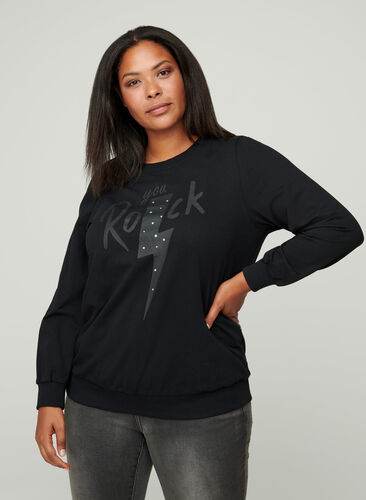 Bomulds sweatshirt med tryk på brystet, Black w. Black, Model image number 0