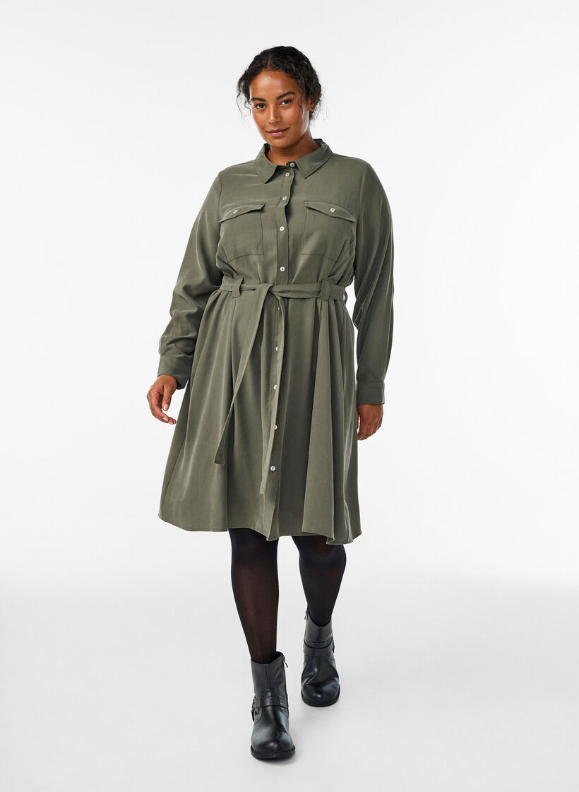 Skjortekjole med bindebælte og lange ærmer, Grøn, Model image number 1