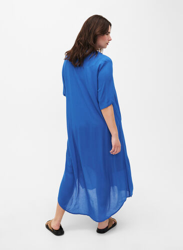 Viskose skjortekjole med korte ærmer, Victoria blue, Model image number 1