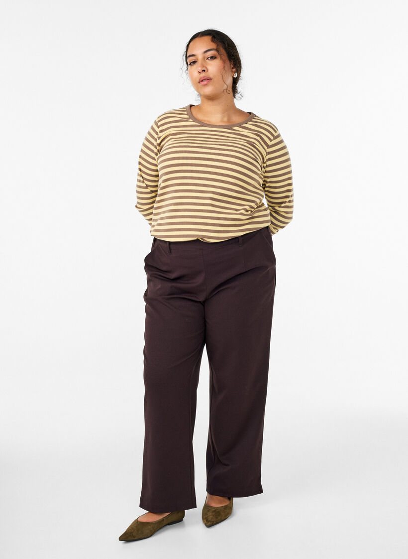 Stribet bluse med lange &aelig;rmer, Brun, Model