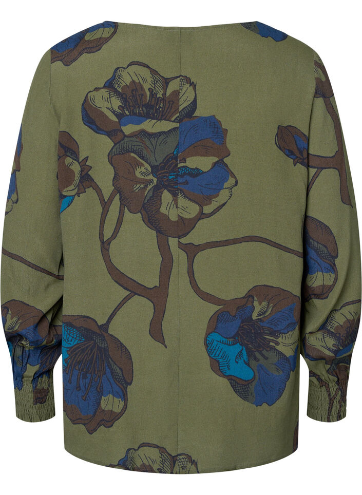 Langærmet viskosebluse med blomsterprint, Green Big Flower, Packshot image number 1