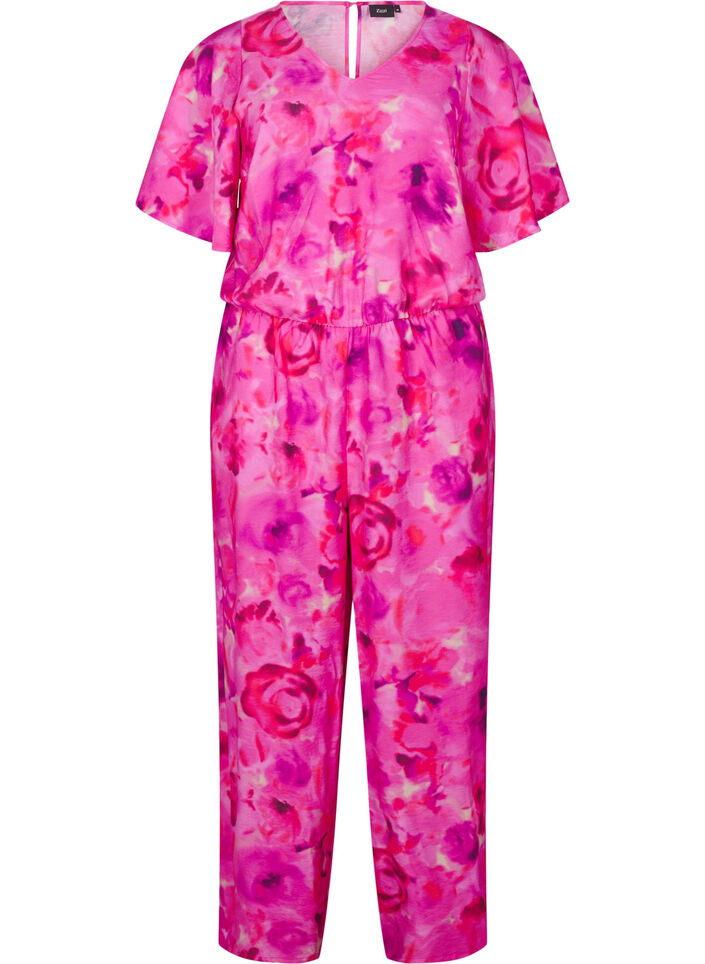 Blomstret jumpsuit med flagermusærmer, Pink Rose AOP, Packshot image number 0