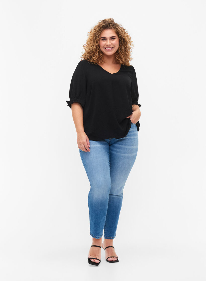 Bluse med v-udskæring , Black, Model image number 2