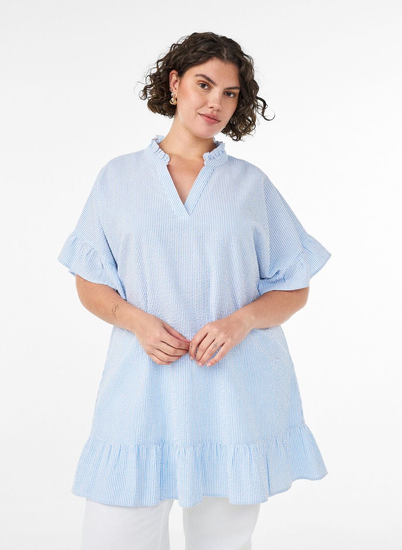 Bomuldstunika med striber og fl&aelig;sedetaljer, Bl&aring;, Model image number 0