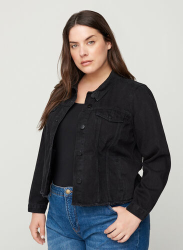 Kort denim jakke med rå kanter, Black, Model image number 0