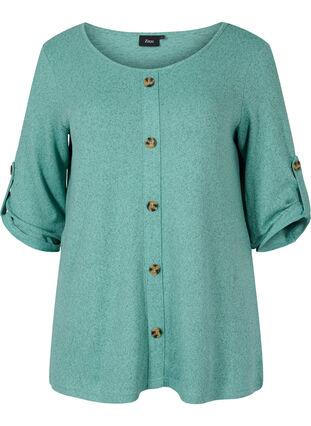 Bluse med knapper og 3/4 ærmer, Dusty Jade Green M., Packshot image number 0