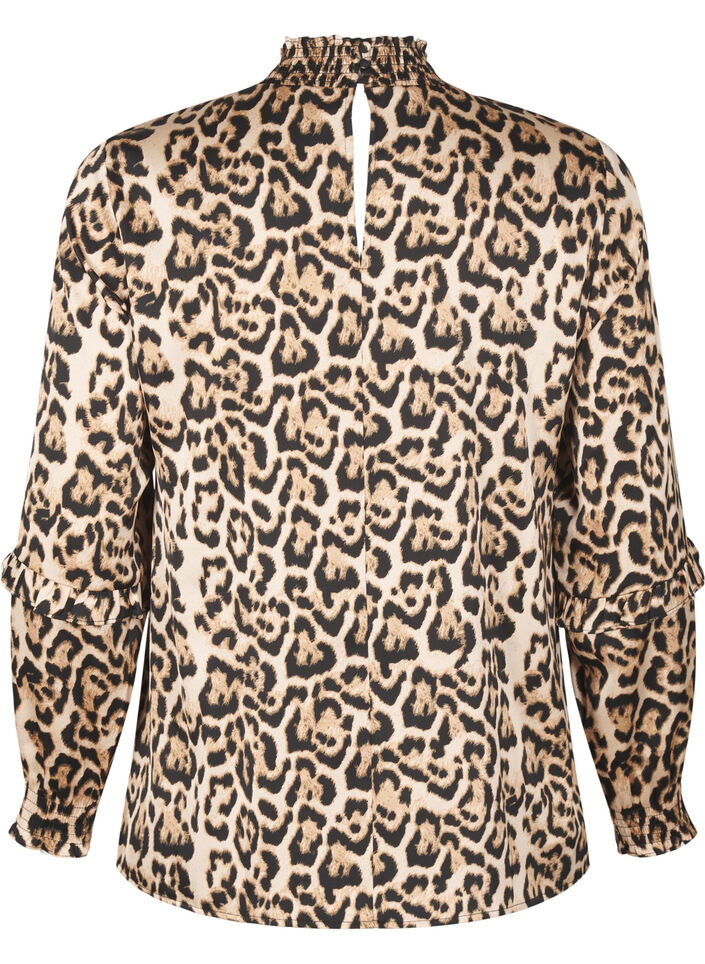Bluse med smock og leopardprint, Brun, Packshot image number 1