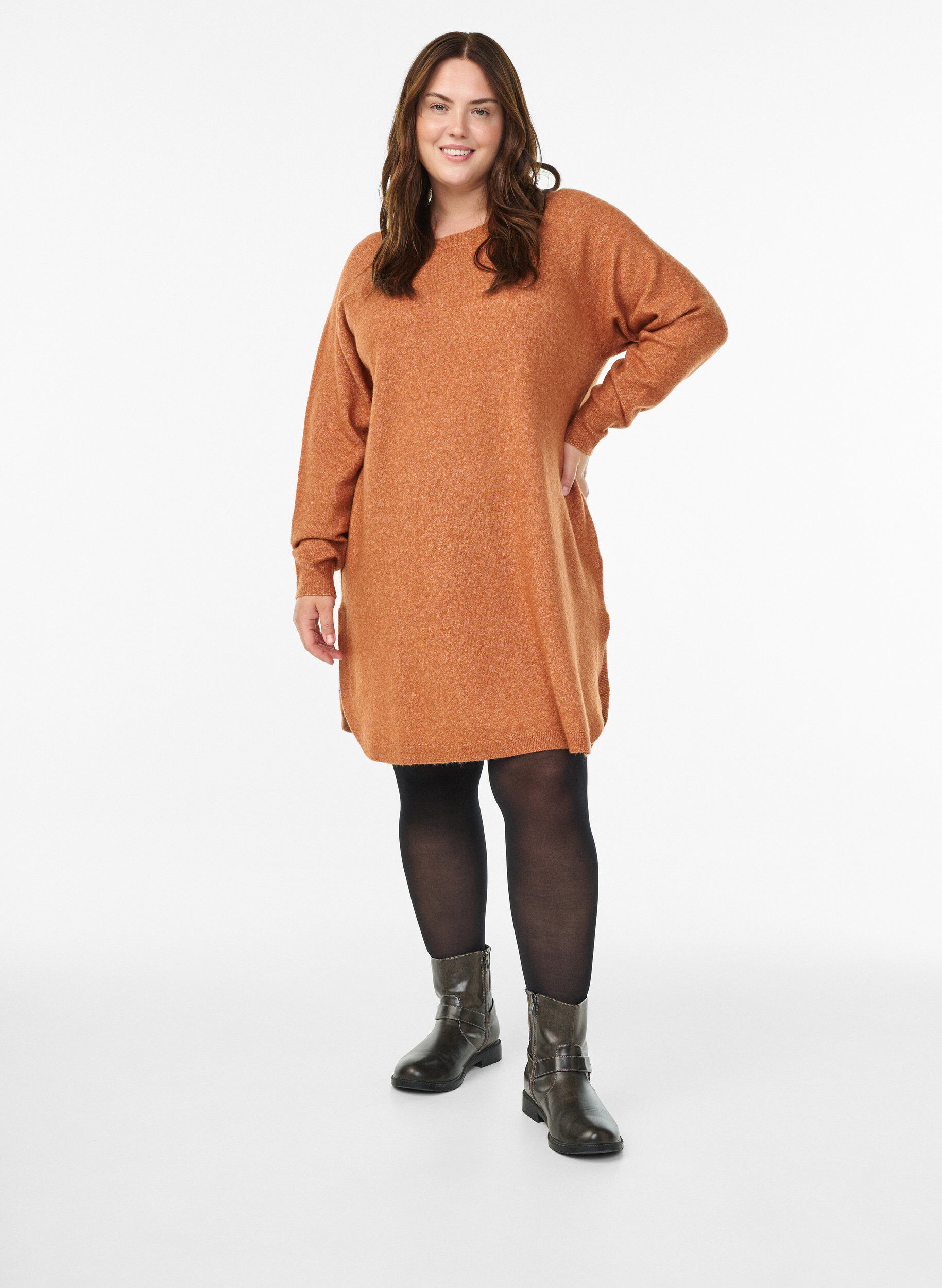 Zizzi Kort strikkjole med rund hals, Orange, Model image number 1