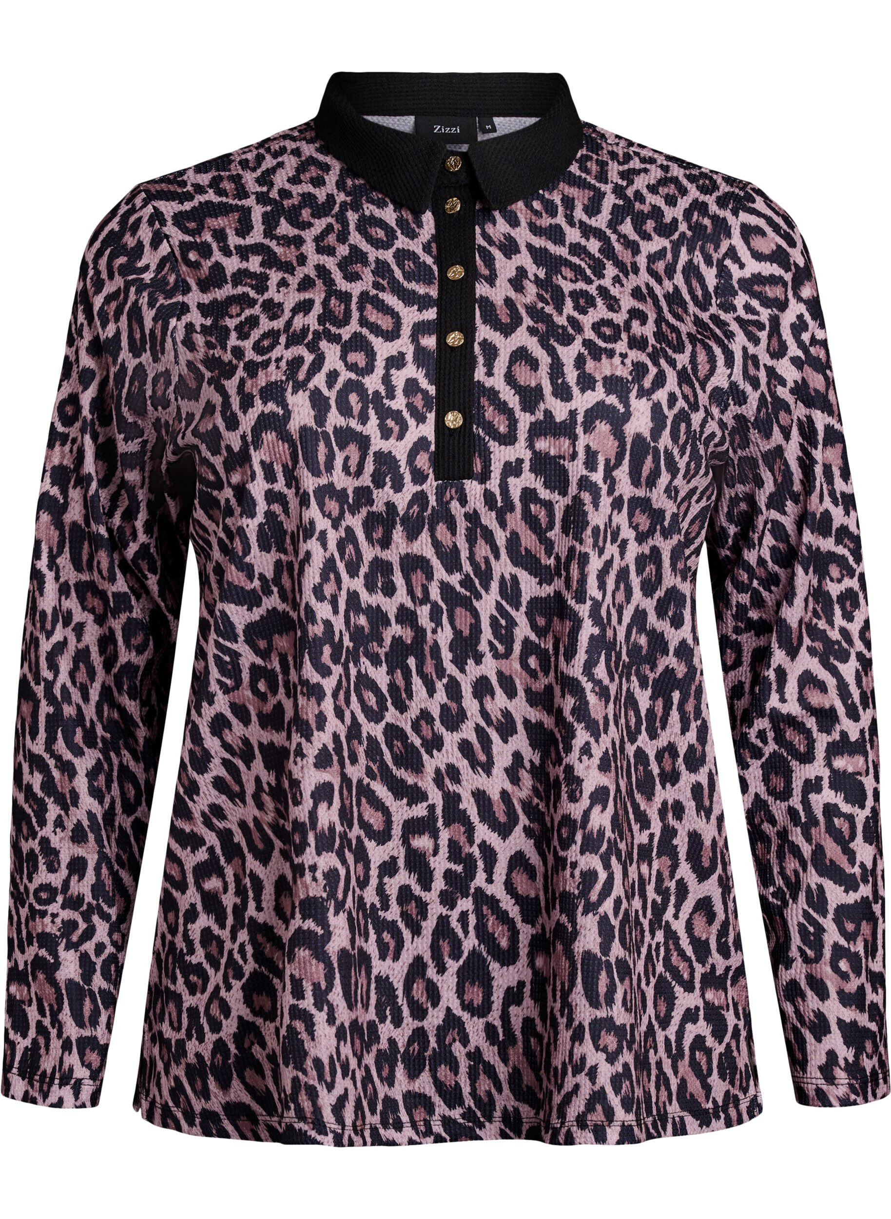 Poloshirt med leopardm&oslash;nster og guldfarvede knapper