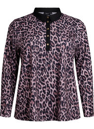Poloshirt med leopardmønster og guldfarvede knapper, Brun