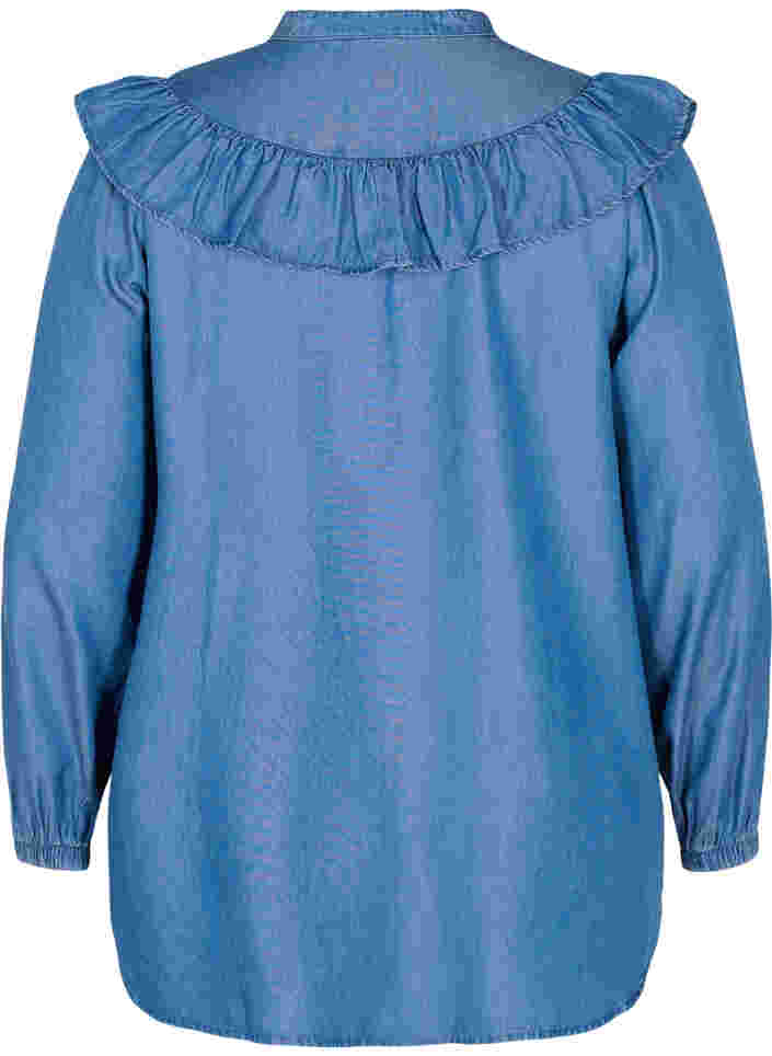 Langærmet skjorte med flæser i lyocell (TENCEL™), Blue denim, Packshot image number 1