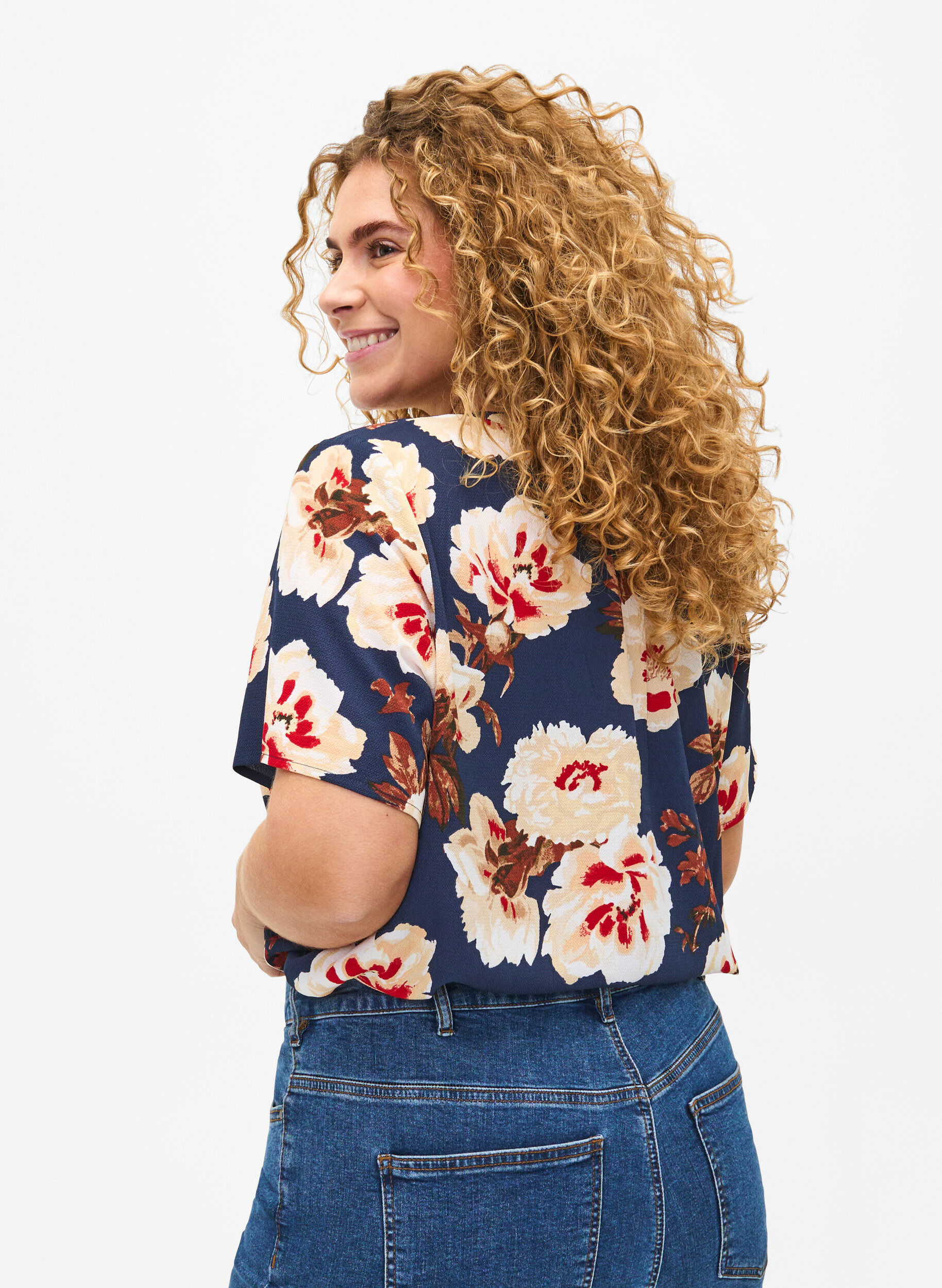 Zizzi Bluse med korte &aelig;rmer og v-udsk&aelig;ring , Bl&aring;, Model image number 2