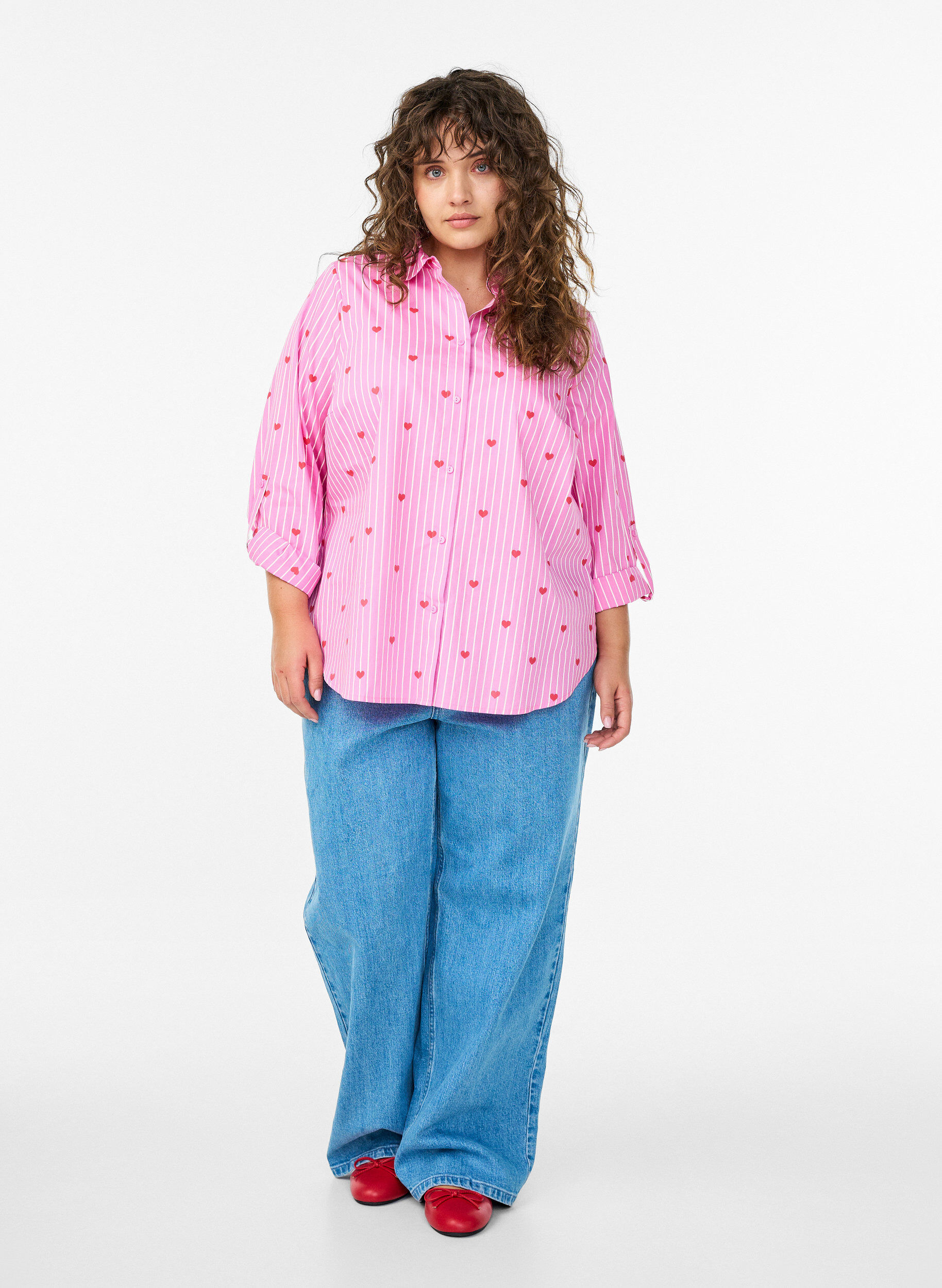 ZizziSkjortebluse med striber og hjerter, Lyser&oslash;d, Model image number 1
