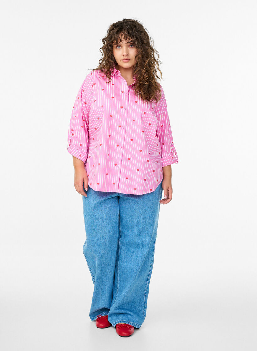 Skjortebluse med striber og hjerter, Lyser&oslash;d, Model image number 1