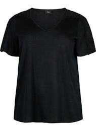 Kortærmet bluse med blonder og v-hals, Black