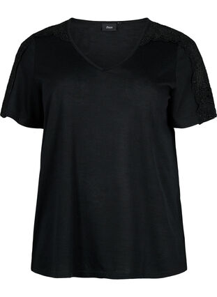 Kortærmet bluse med blonder og v-hals, Black, Packshot image number 0