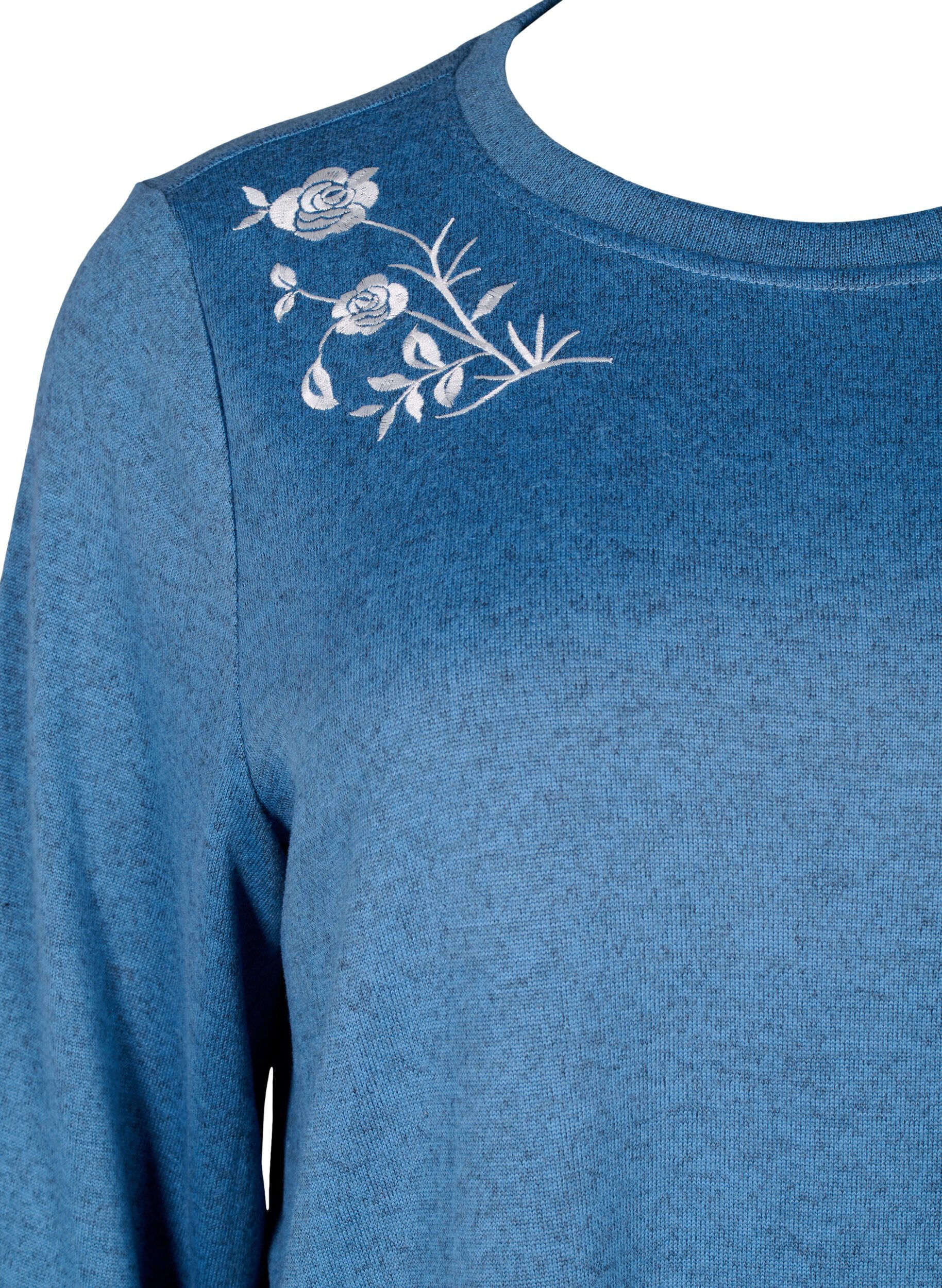 Zizzi Bluse med blomsterbroderi og 3/4-&aelig;rmer, Copen Blue Melange, Packshot image number 2