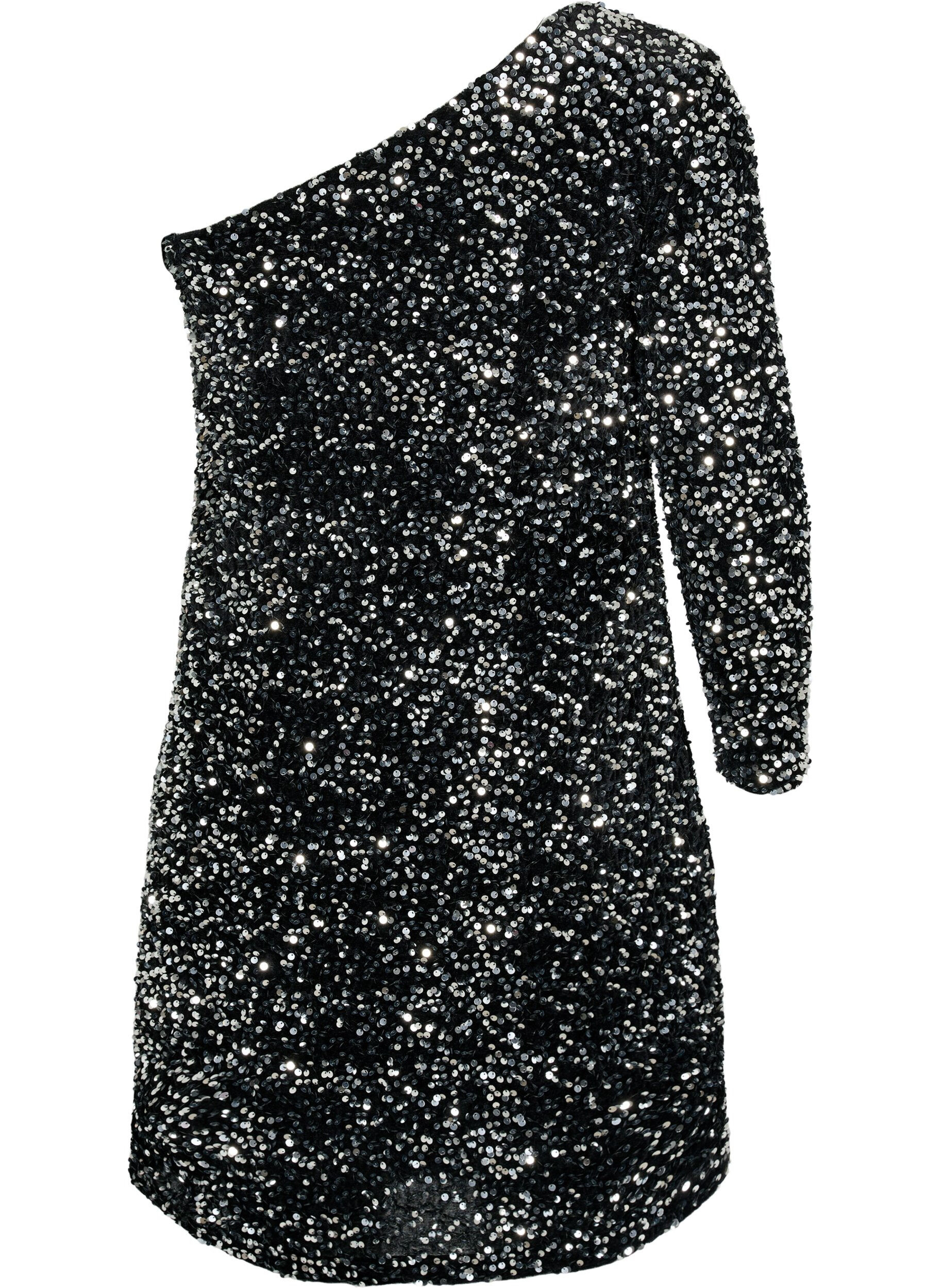 Zizzi Kort one-shoulder kjole med pallietter, Black/Silver Sequins, Packshot image number 1