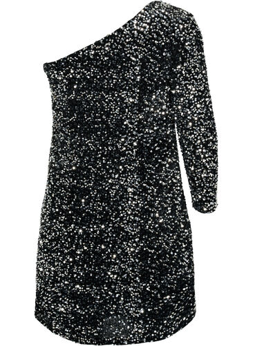 Kort one-shoulder kjole med pallietter, Black/Silver Sequins, Packshot image number 1
