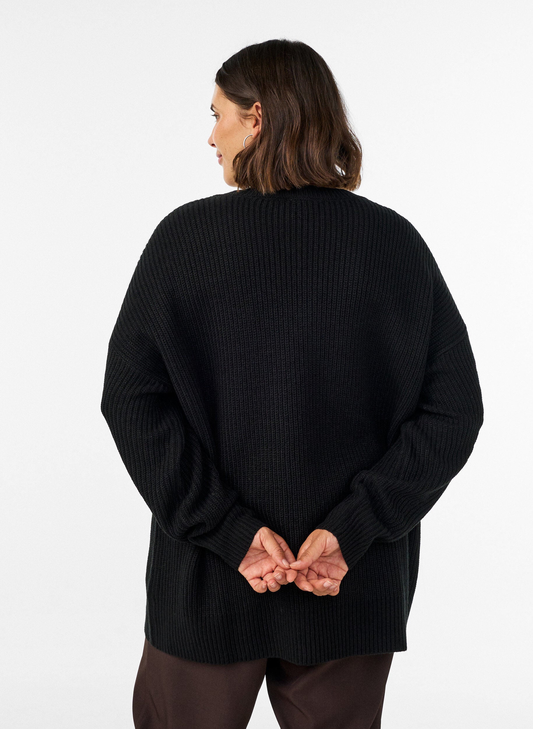 ZizziLang ribstrikket bluse med V-hals, Sort, Model image number 2
