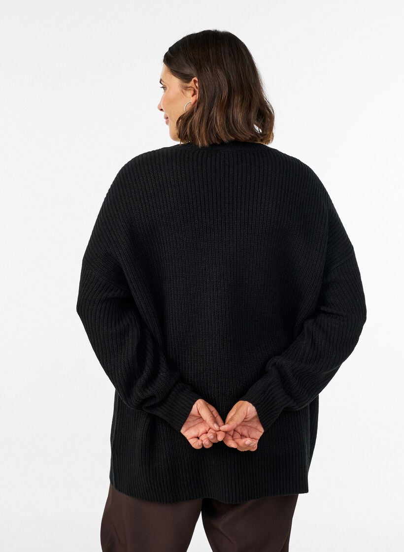 Lang ribstrikket bluse med V-hals, Sort, Model image number 2