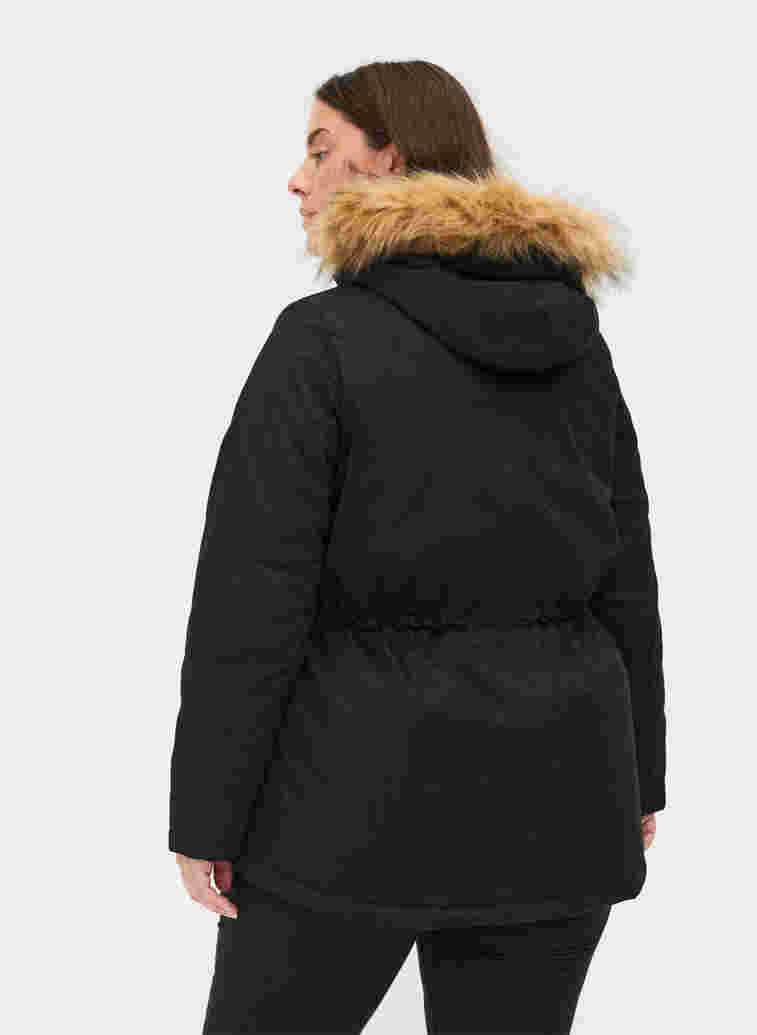 Kort parkajakke med hætte og imiteret pelskant, Black, Model image number 1