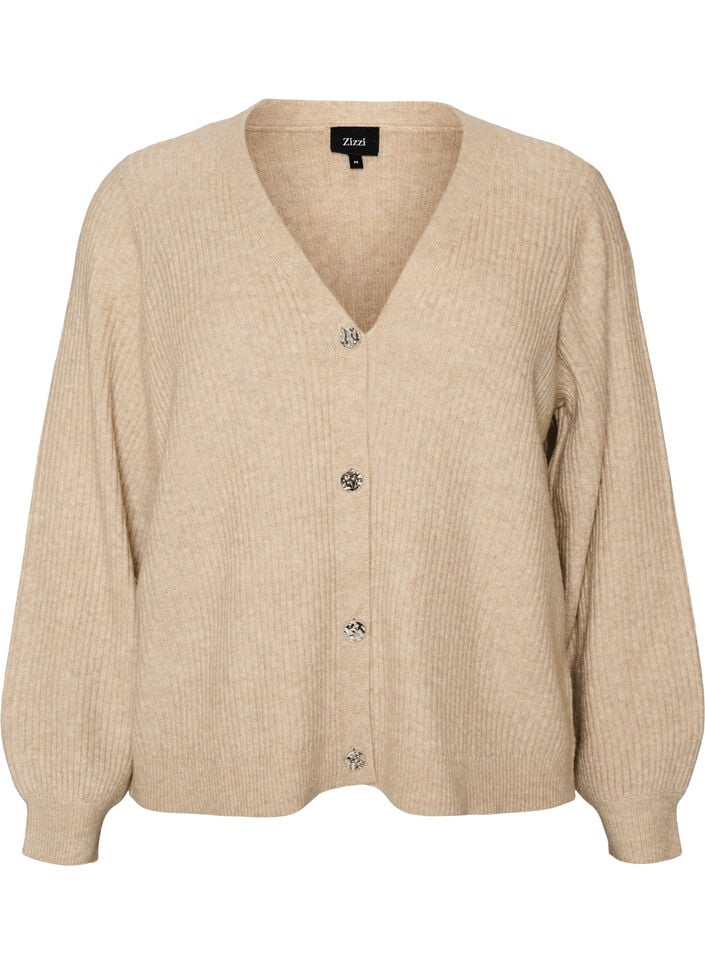 Cardigan med V-hals og ribstruktur, Beige, Packshot image number 0