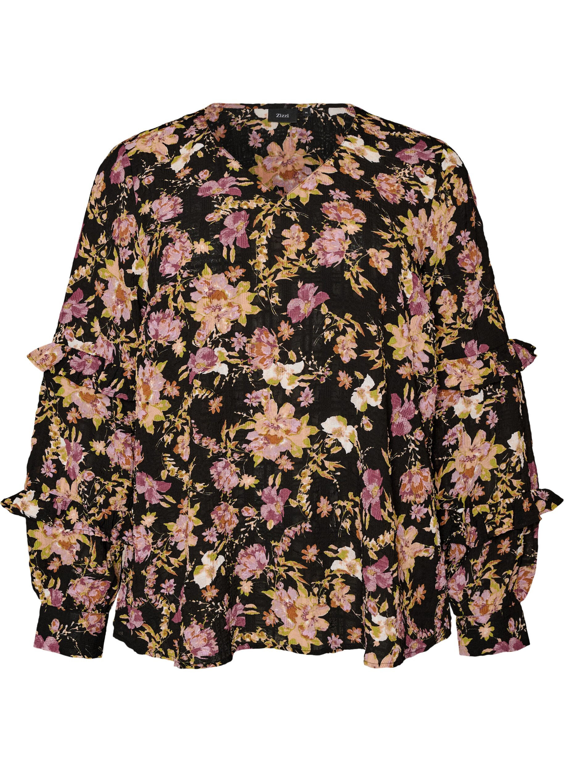ZizziBluse med blomsterprint og fl&aelig;sedetaljer, Sort, Packshot image number 0