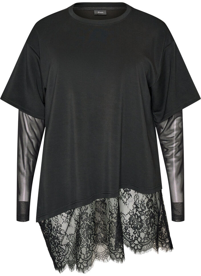 Bluse med mesh&aelig;rmer og blondekant, Sort, Packshot image number 0