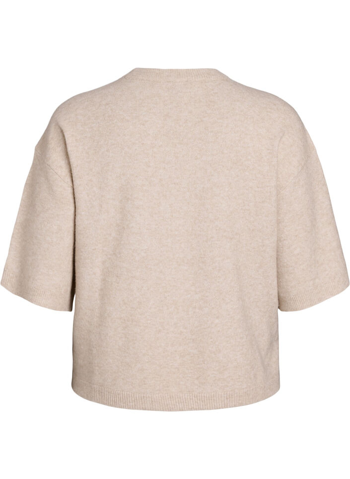 Løs strikbluse med korte ærmer, Beige, Packshot image number 1