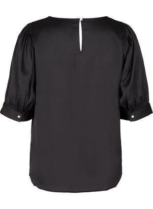 Shiny bluse med korte pufærmer, Black, Packshot image number 1