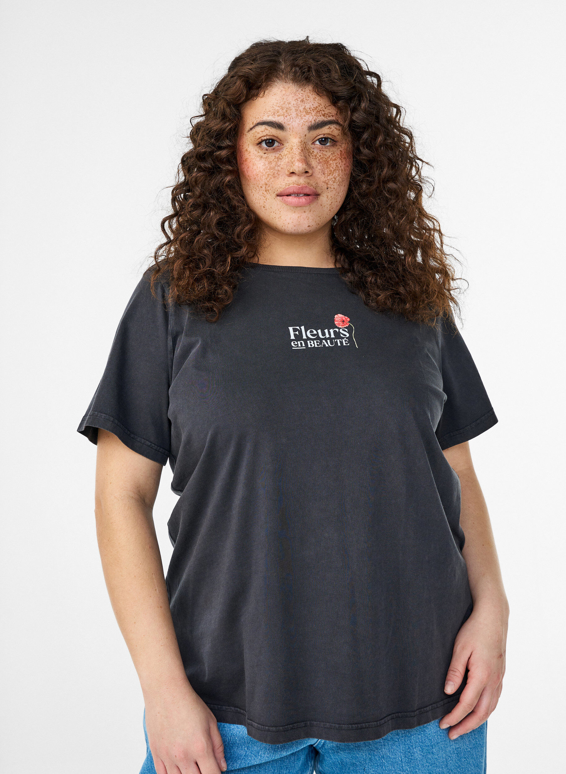 Zizzi T-shirt i bomuld med front- og rygprint, Gr&aring;, Model image number 0