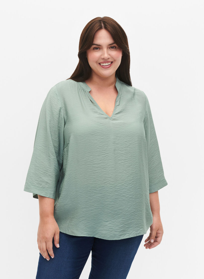 Ensfarvet bluse med 3/4 ærmer, Chinois Green, Model image number 0