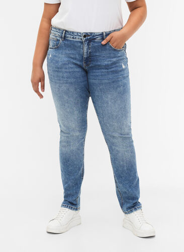 Emily jeans med normal talje og slid, Blue denim, Model image number 2