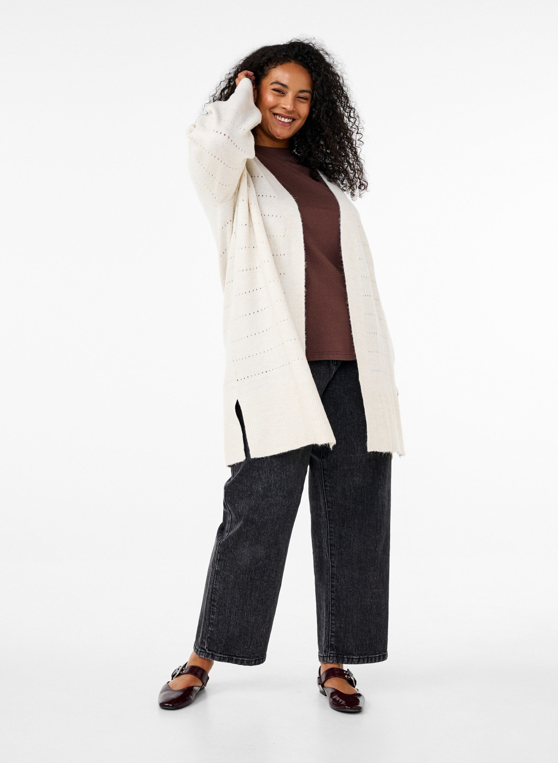 Zizzi Lang strikcardigan med hulm&oslash;nster, Birch Mel., Model image number 2
