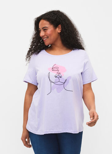 Bomulds t-shirt med rund hals og tryk, Lavender FACE, Model image number 0