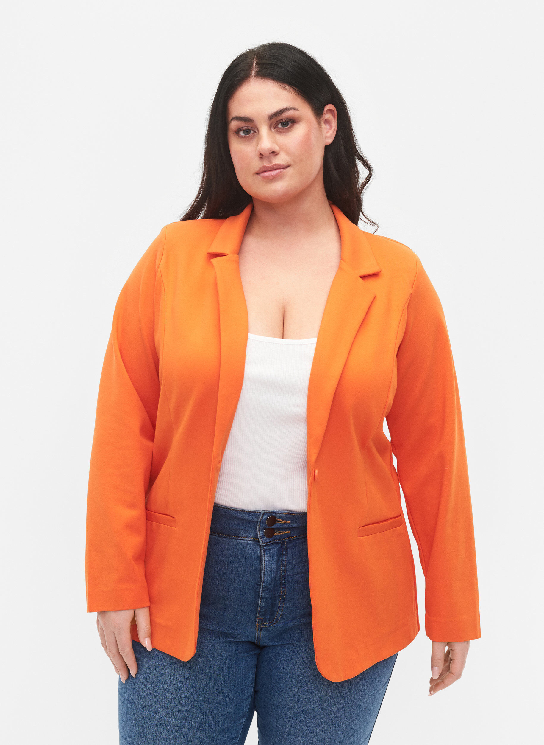 Zizzi Enkel blazer med knaplukning, Mandarin Orange, Model image number 0