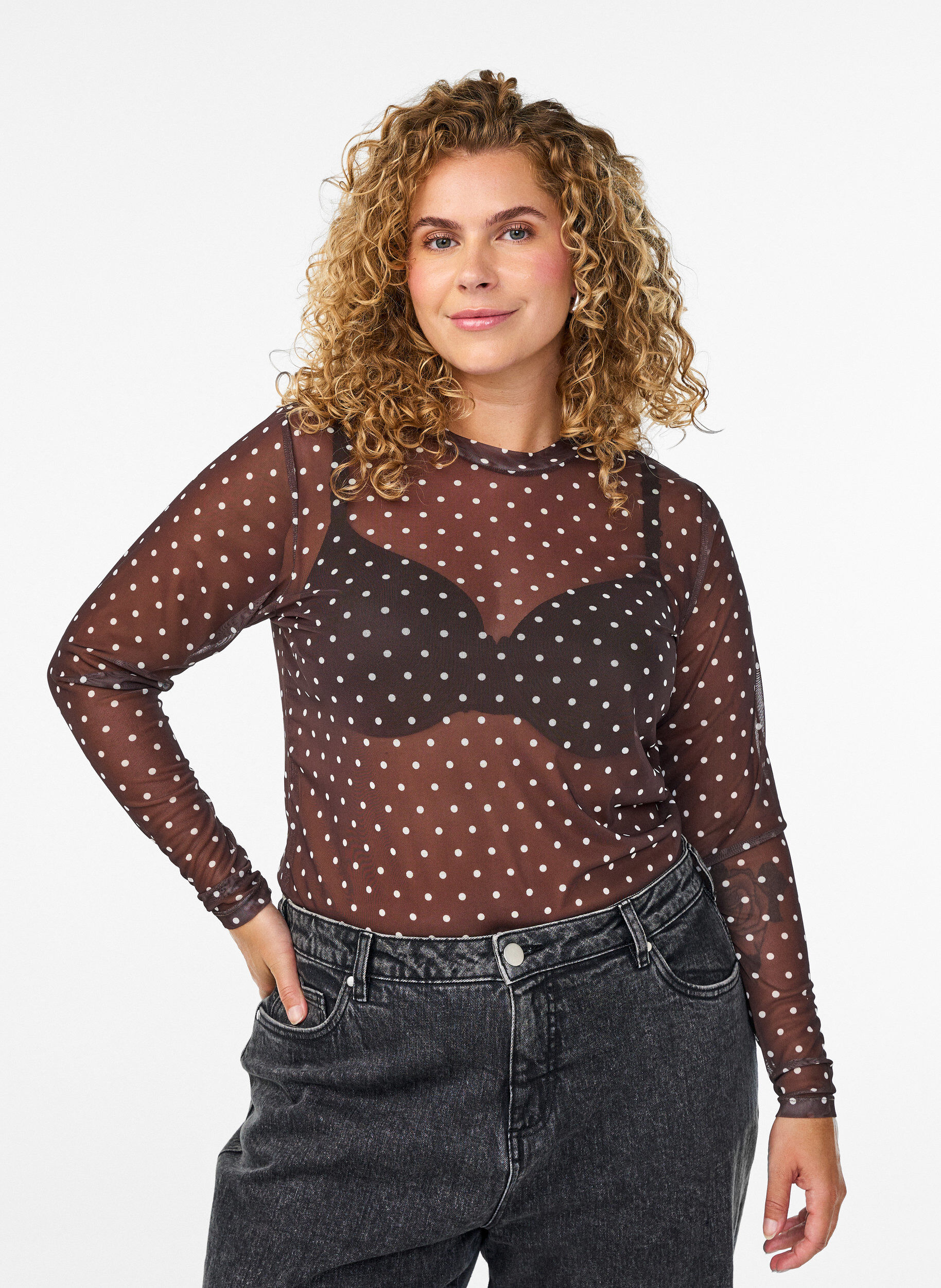 Mesh bluse med prikker, Brun, Model