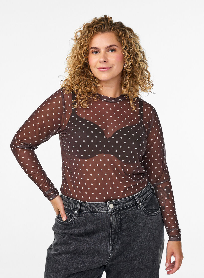 Mesh bluse med prikker, Brun, Model image number 0