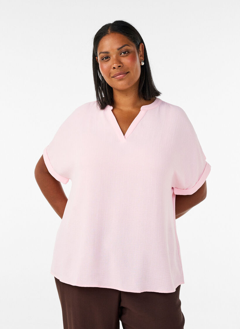 L&oslash;s bluse med korte &aelig;rmer, Lyser&oslash;d, Model image number 0