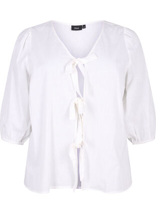 3/4 ærmet bluse i bomuldsmix med hør, Bright White, Packshot image number 0