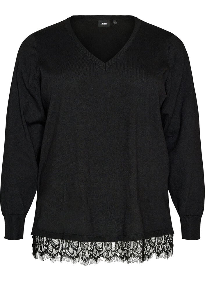 Strikbluse med V-hals og blondekant, Sort, Packshot image number 0