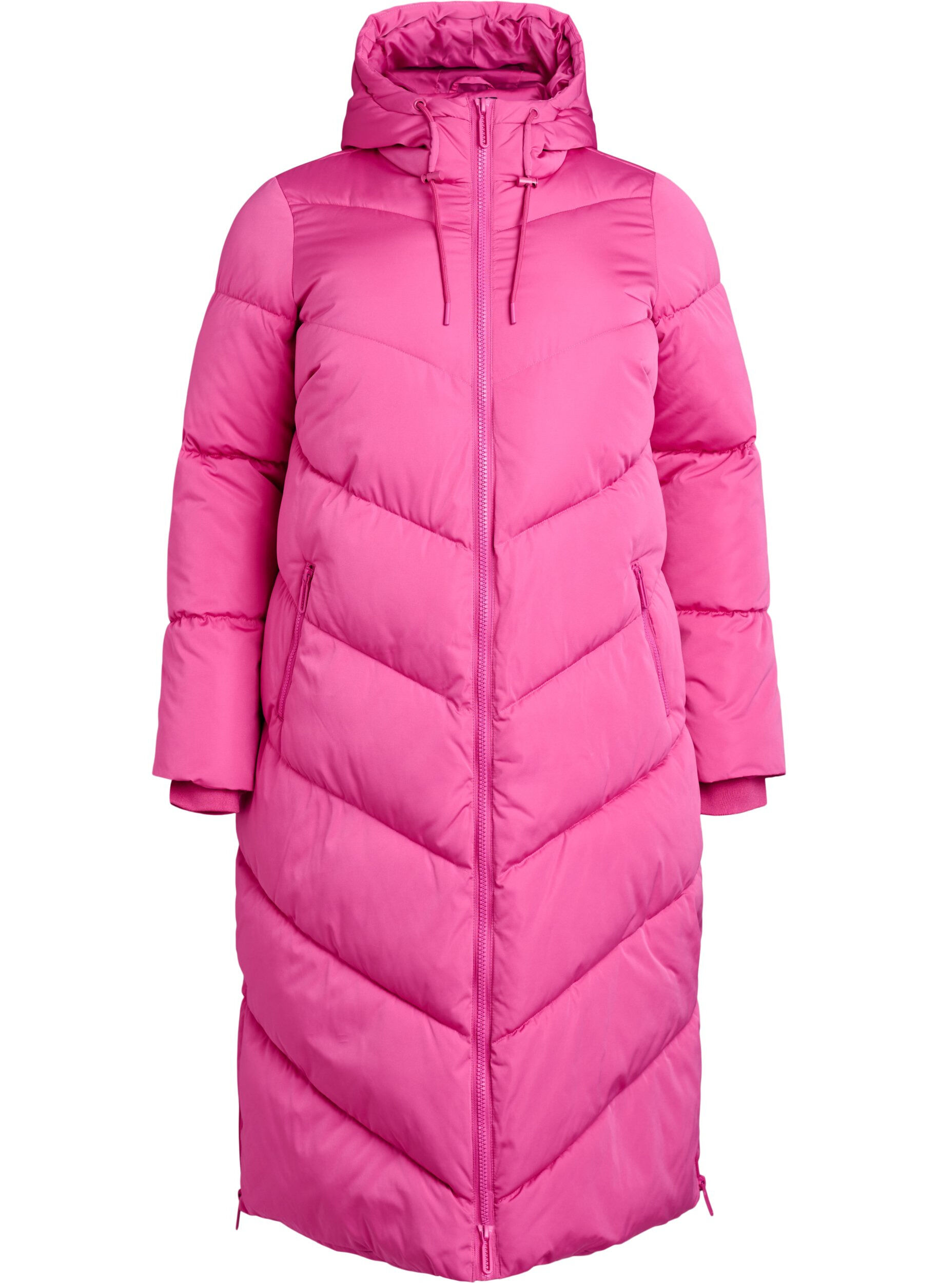 Lang pufferfrakke med h&aelig;tte og lommer 
