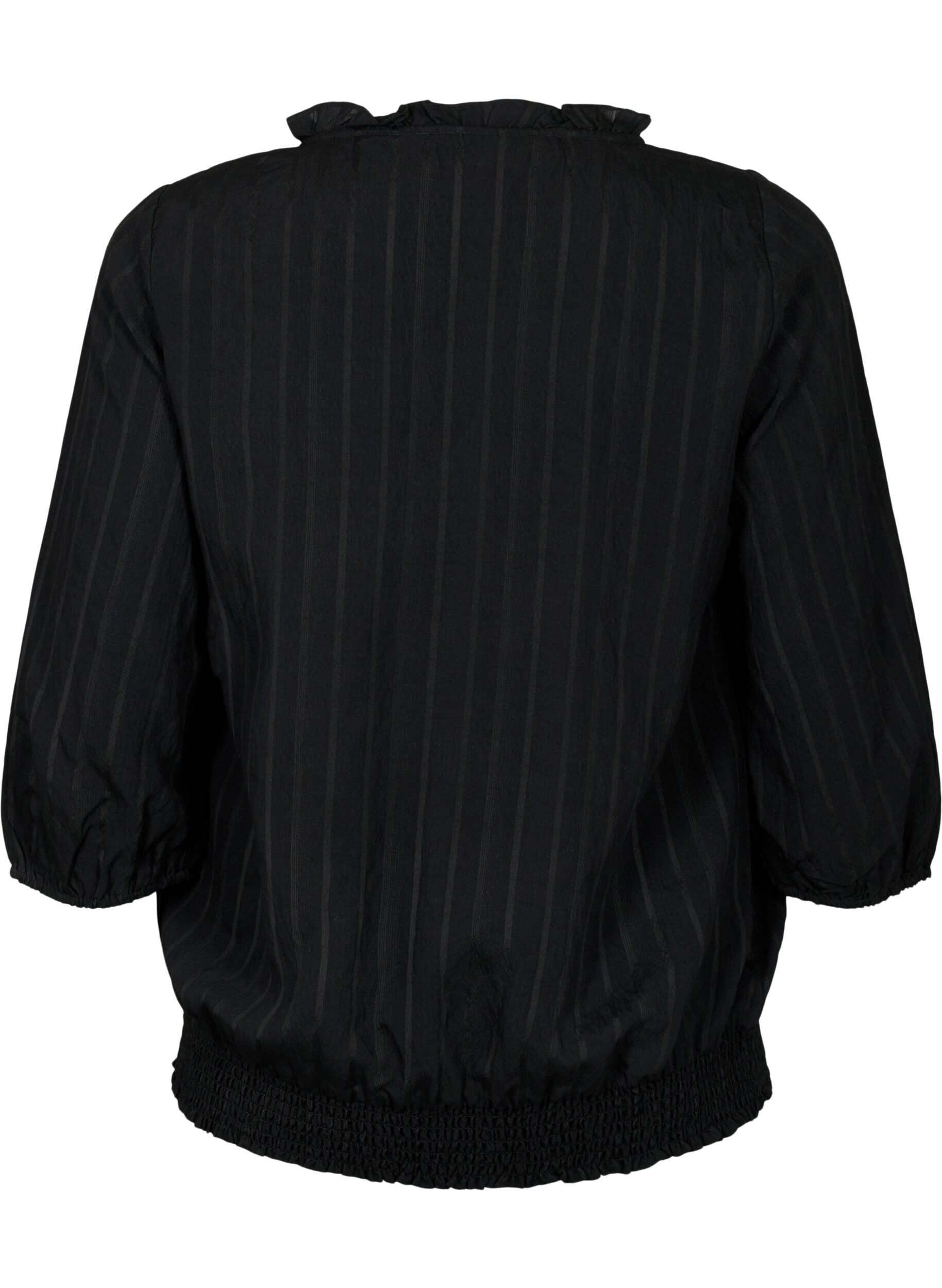 Zizzi Viskosebluse med 3/4 &aelig;rmer og smock, Black, Packshot image number 1